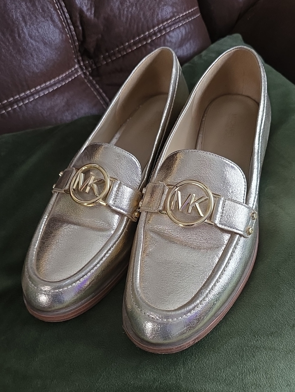 Michael Kors Gold Metallic MK Logo Slip-On Loafers